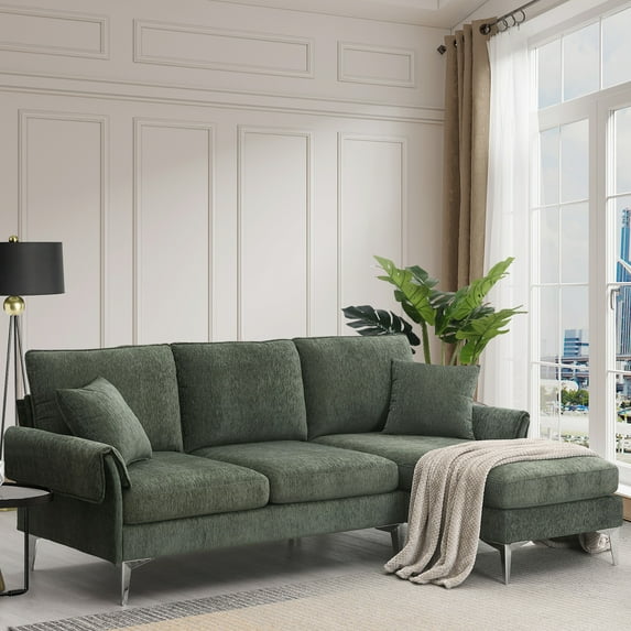 EUROCO 84" Modern L-Shaped Sectional Sofa Couch, 4 seat Convertible Chenille Sofa with Reversible Lounge, Reversible Chaise and 2 Pillows, Indoor Furniture for Living Room, Apartment, Green