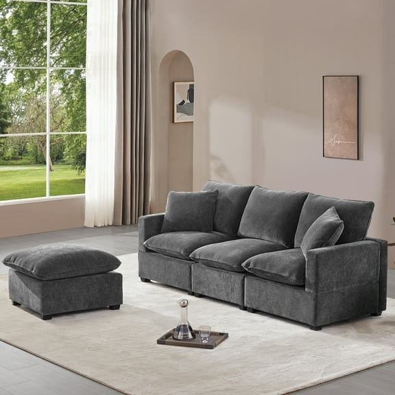 EUROCO 84" Modular Couch Sofa, Chenille 4 Sectional Couch Seat Sofa,Modular Furniture with 2 Pillows, Wood Frame for Small Space, Living Room, Bedroom, Grey