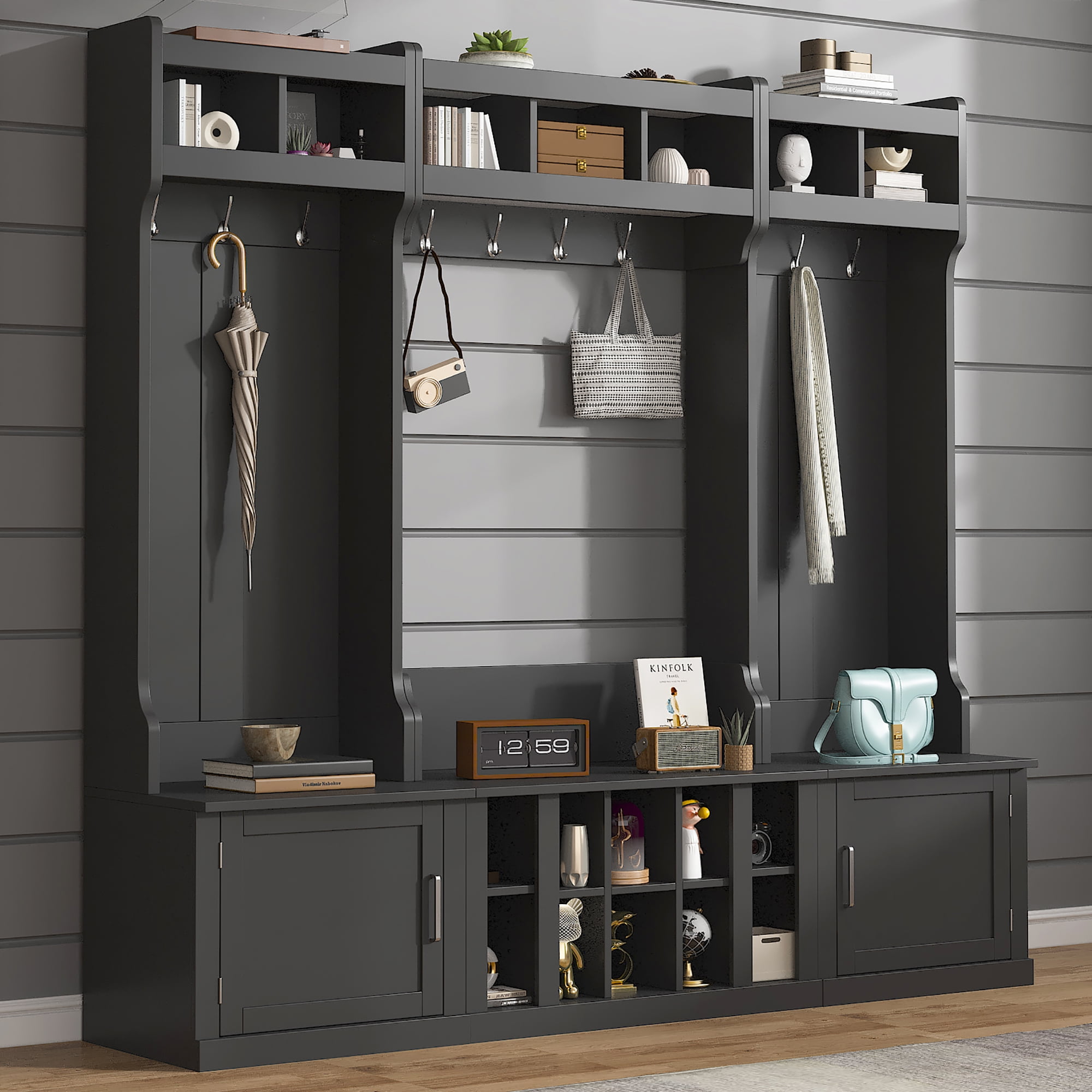 EUROCO 86.2 78.7 Wider Entryway Hall Tree with Storage Practical Coat Rack Multi functional Entryway Bench with 10 Metal Hooks Shoe Cubbies Free Combined cabinet for Hallway Black Walmart