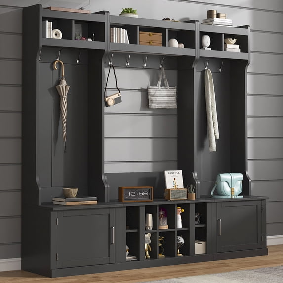 EUROCO 86.2×78.7" Wider Entryway Hall Tree with Storage, Practical Coat Rack, Multi-functional Entryway Bench with 10 Metal Hooks, Shoe Cubbies, Free-Combined cabinet for Hallway, Black