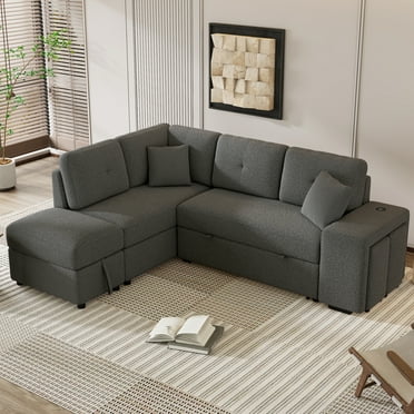 Euroco Chenille Convertible Sectional Sofa with Pillows and Stools, Dark Gray