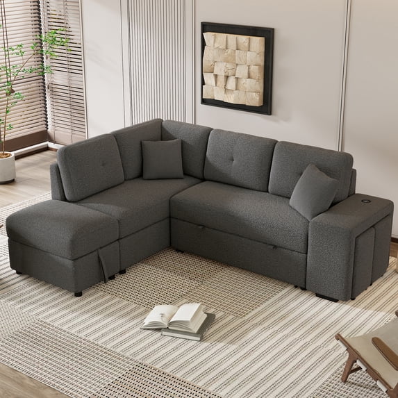 Euroco Chenille Convertible Sectional Sofa with Pillows and Stools, Dark Gray