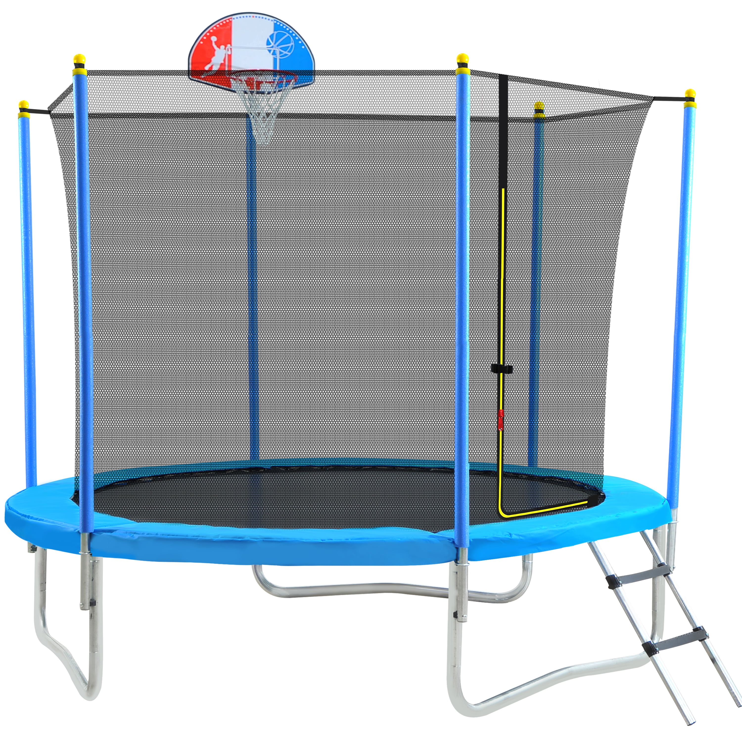 EUROCO 8FT Trampoline for Kids with Basketball Hoop, Outdoor Round Trampoline with Enclosure Net
