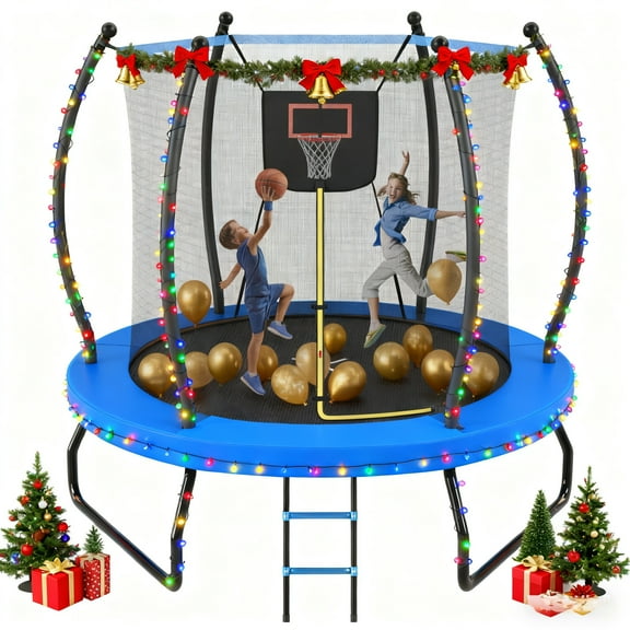 EUROCO 8FT Trampoline with Basketball Hoop & Ladder, Outdoor Trampoline for Kids