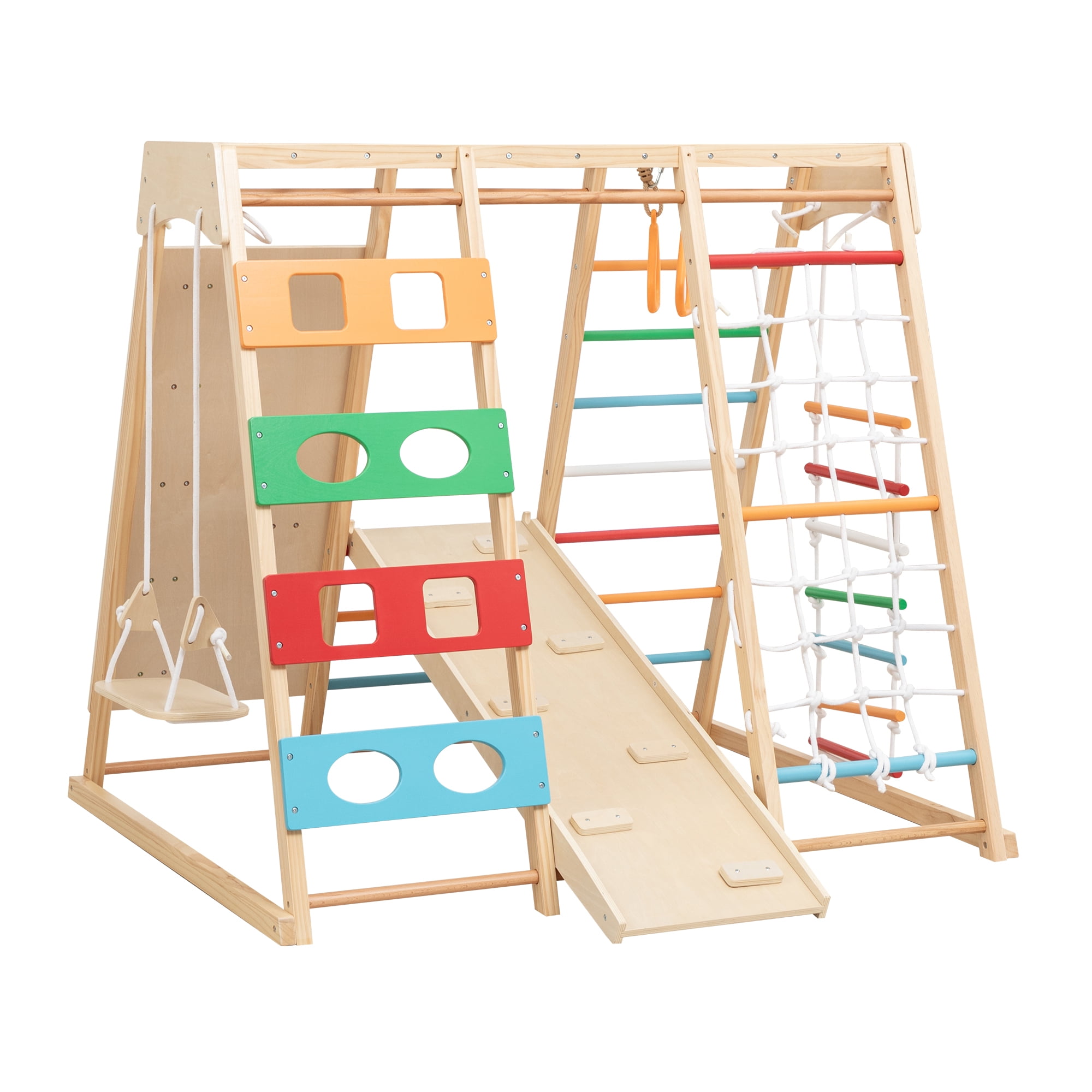 EUROCO 9-in-1 Wooden Jungle Gym for Toddlers, Indoor Montessori Climbing and Slide Set with Climbing Rock, Climbing Net, Swing, Gymnastics Rings