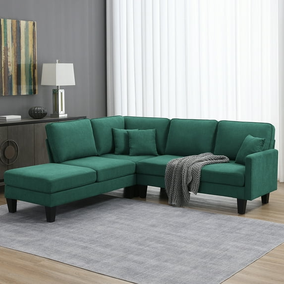 EUROCO 90" Modern L-Shaped Sectional Sofa Couch, Terrycloth 5-Seat Indoor Furniture Sofa with Chaise Lounge, 3 Pillows for Living Room,Apartment,Office, Green