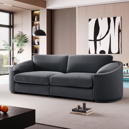 EUROCO 92" Longer Oversized Modern Loveseat Sofa for Living Room,Sofa and Couch with Semilunar Arm,Rivet Detailing and Solid Frame, 2-3 Seater, Gray