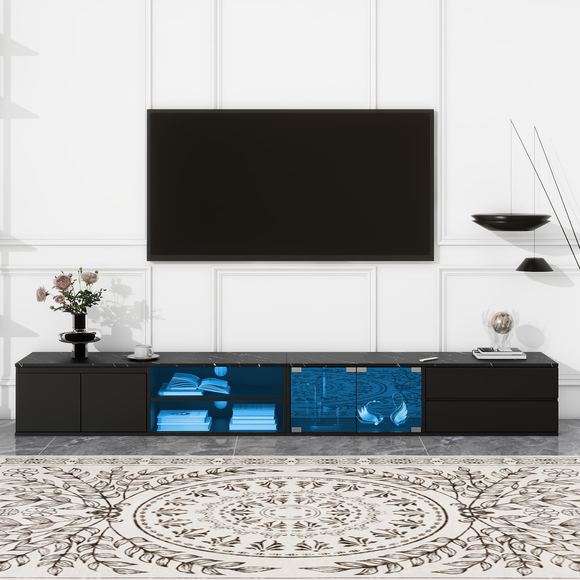 EUROCO 94.5" TV Stand Up to 100/105 inch TV,Modern APP LED TV Stand for Living Room,High Gloss Entertainment Center with Faux Marble Tabletop ,Tempered Glass Doors, 2 Drawers & Cabinets,TV Console