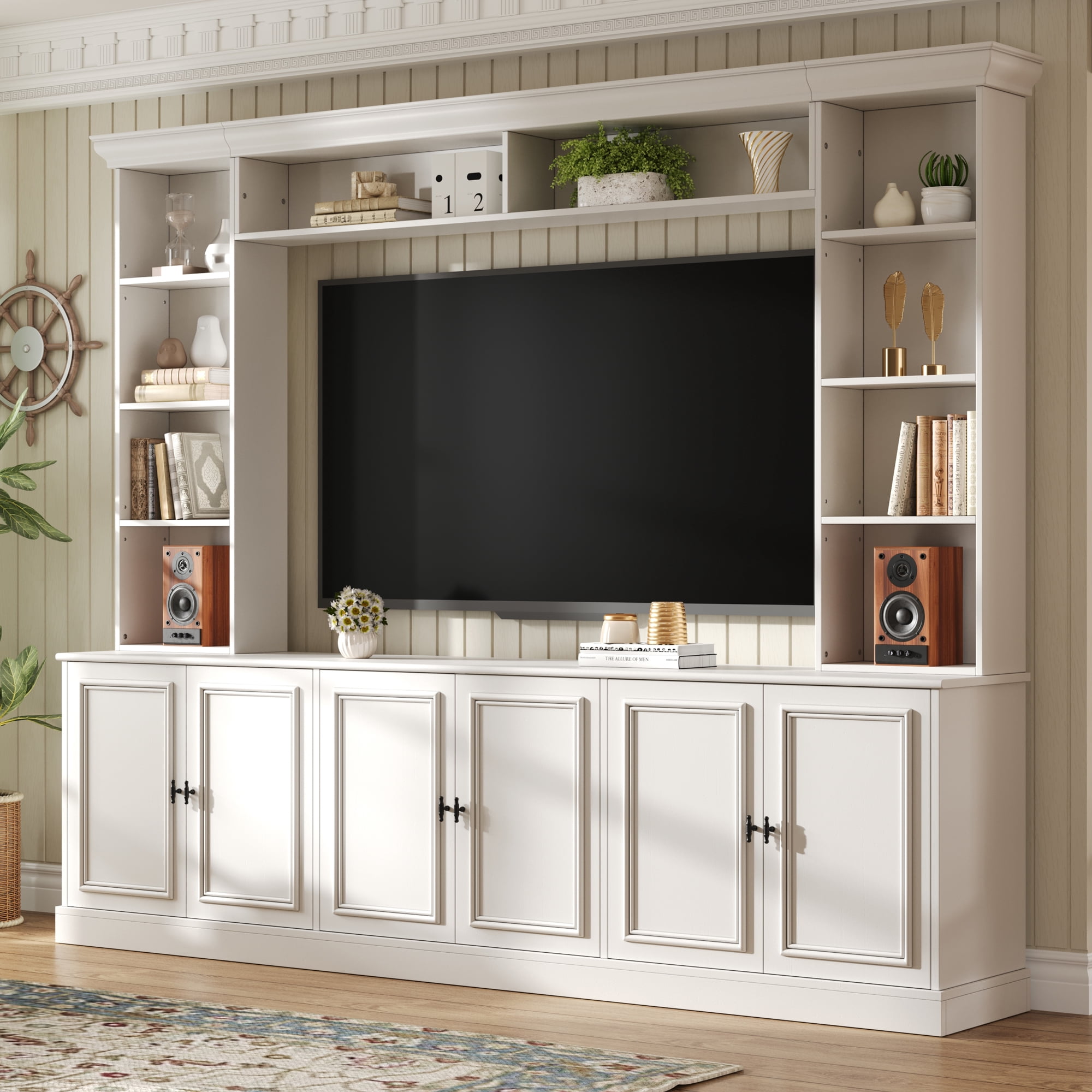 EUROCO 97.4"W Elegant 4-Piece Wall Unit Entertainment Center with Bookshelf for TVs Up to 70", Versatile TV Stand with Adjustable Shelf, Mid-Century Media Console for Living Room