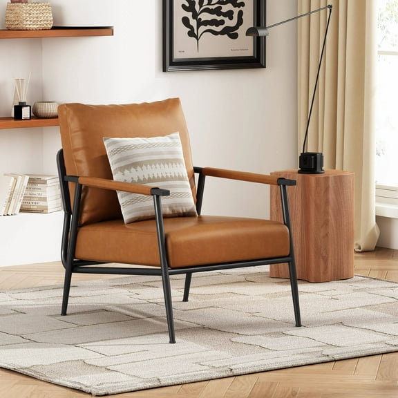 EUROCO 25.98"W Accent Chair with Mid-Century Modern,Faux Leather Lounge Arm Chair with Padded High Backrest,Metal Frame and faux leather wrapped Armrests,Accent Chair for Living Room or Bedroom,Brown