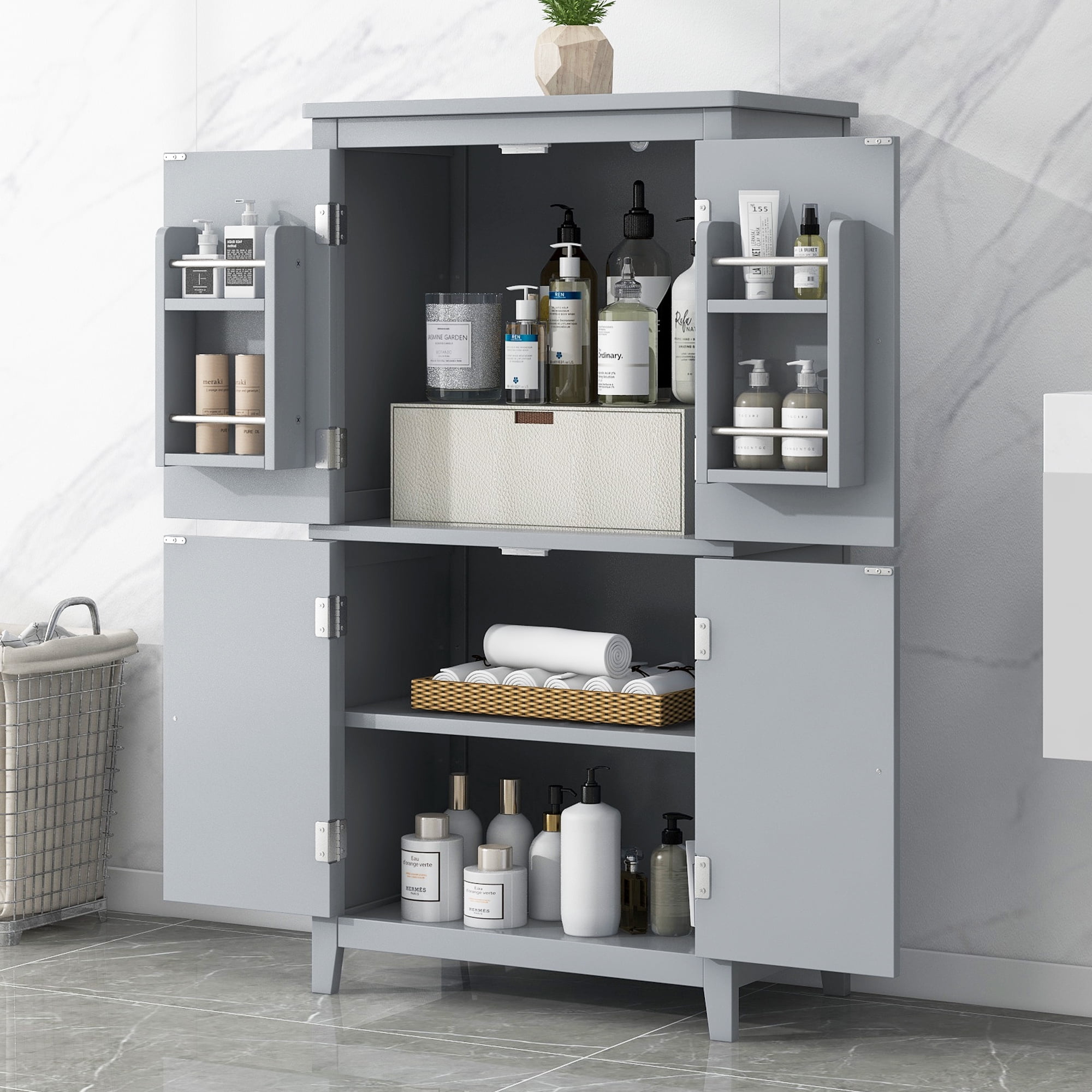 EUROCO Bathroom Floor Storage Cabinet,Bathroom Storage Unit,Freestanding Cabinet with 4 Doors,Adjustable Shelves,Adaptable Shelves,11.8 x 23.6 x 43.3 Inches,Grey