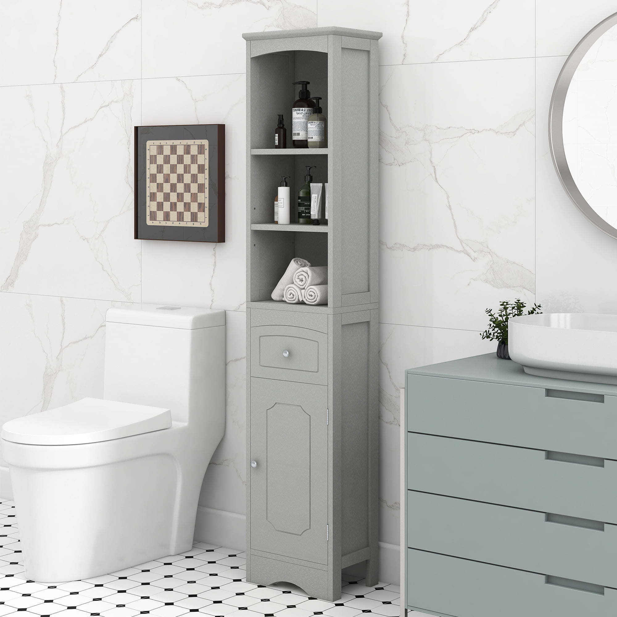 EUROCO Bathroom Storage Cabinet,Wood Linen Cabinet, Narrow Tall Cabinet ...