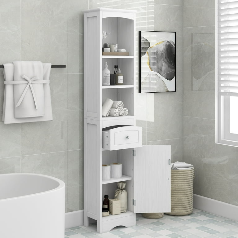 EUROCO Bathroom Storage Cabinet Wood Linen Cabinet Narrow Tall Cabinet Storage Tower with Adjustable Shelves Door and Drawer White Walmart