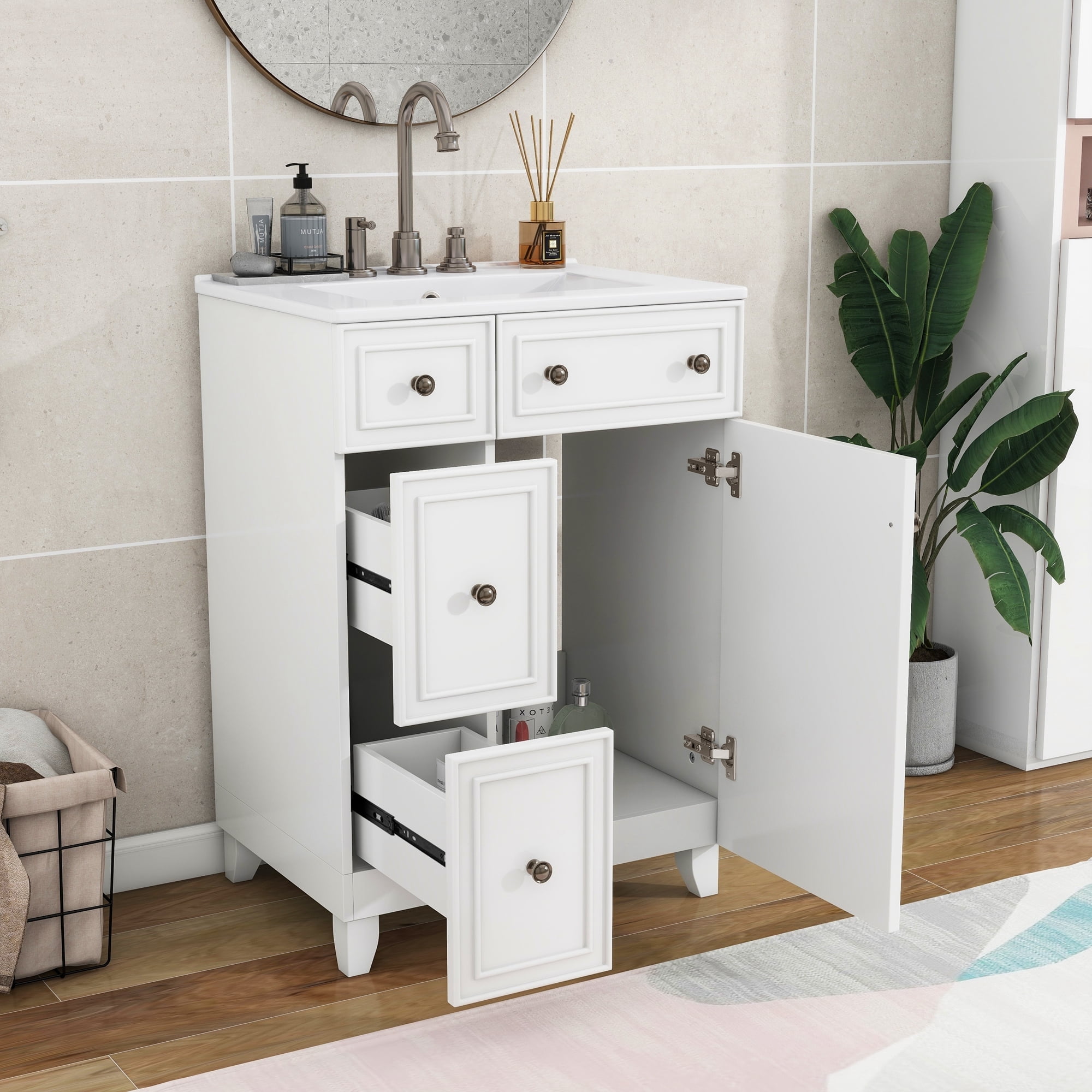 EUROCO Bathroom Vanity with Ceramic Sink, 24" Freestanding Bathroom Cabinet Vanity with 2 Drawers,Lager Storage,1 Door ,Solid Wood Frame Bathroom Vanities,White