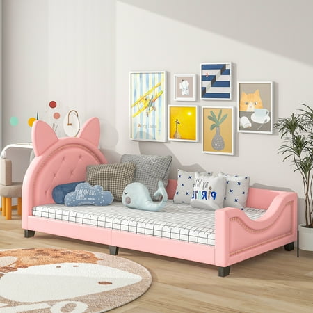 EUROCO Bunny Shaped Twin Size Upholstery Daybed with Headboard for Kids Teens, Wood Platform Bed, Pink