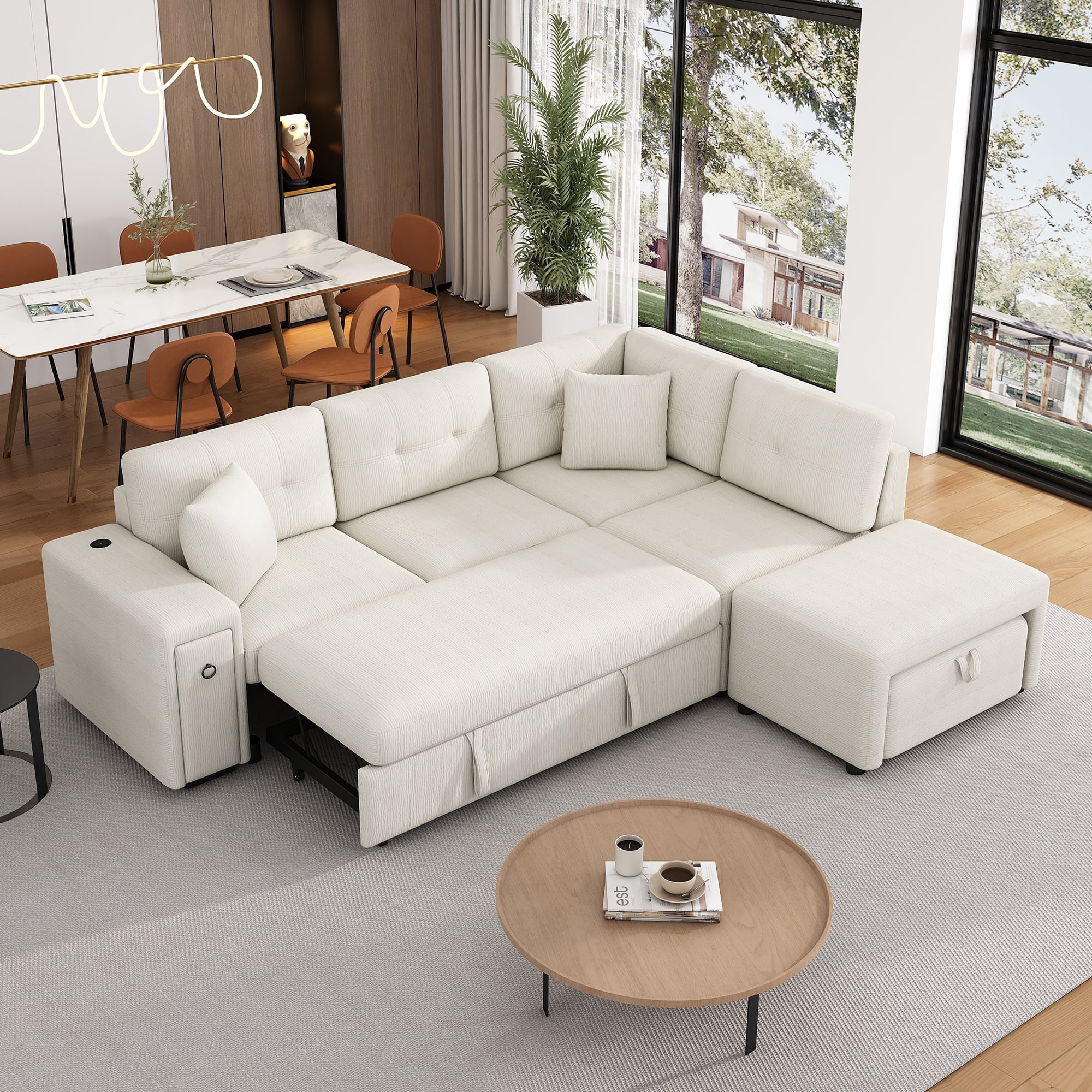 EUROCO Chenille Convertible L Shaped Sectional Couch,Modular Sectional Sleeper Sofa with Pull Out Couch Bed,1 Movable Ottoman,2 USB Ports and 2 Cup Holders for Living Room Apartment,86.6"×74"