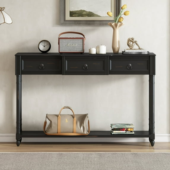 EUROCO Console Table Sofa Table with Three Projecting Storage Drawers, Long Bottom Shelf, Solid Wood Funiture for Entryway, Espresso