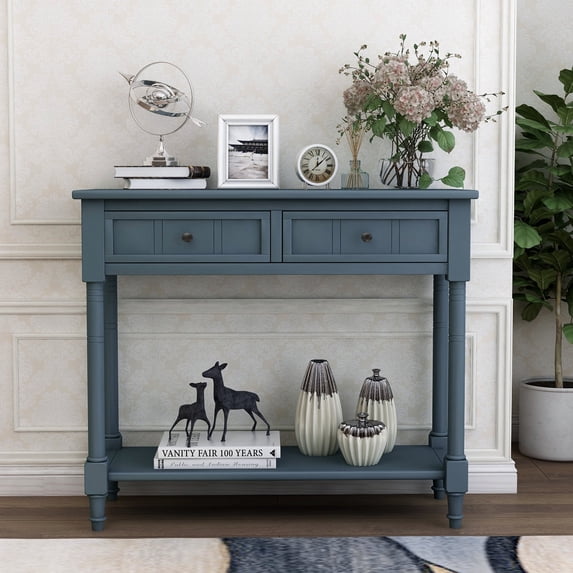 EUROCO Daisy Series Console Table with Two Storage Drawers, Bottom Shelf, Solid Wood Funiture for Entryway, Navy