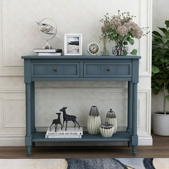 EUROCO Daisy Series Console Table with Two Storage Drawers, Bottom Shelf, Solid Wood Funiture for Entryway, Navy
