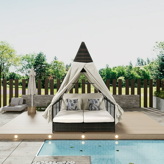 EUROCO Daybed Patio Lounge Bed, Rattan Outdoor Double Sun Lounger with Adjustable Backrest, Curtains and 4 Pillows for Garden Patio Poolside Balcony Beach, Beige