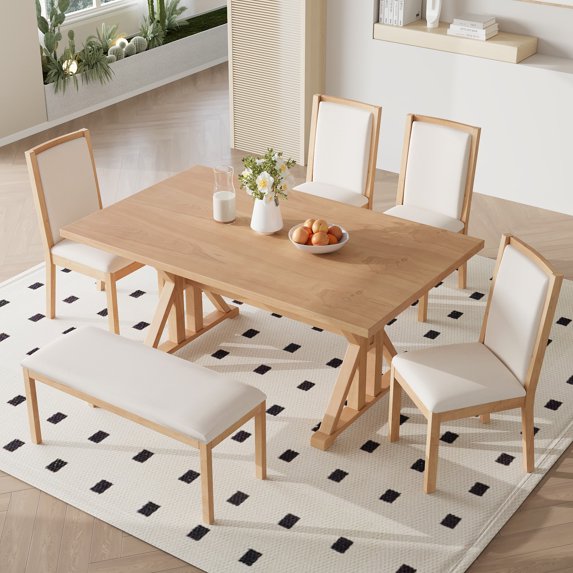 EUROCO Dining Room Table Set for 6,Dining Table Set with Trestle Legs,4 Upholstered Dining Chairs and Bench,Rectangle Dining Table for Small Apartment Saving Space,Natural
