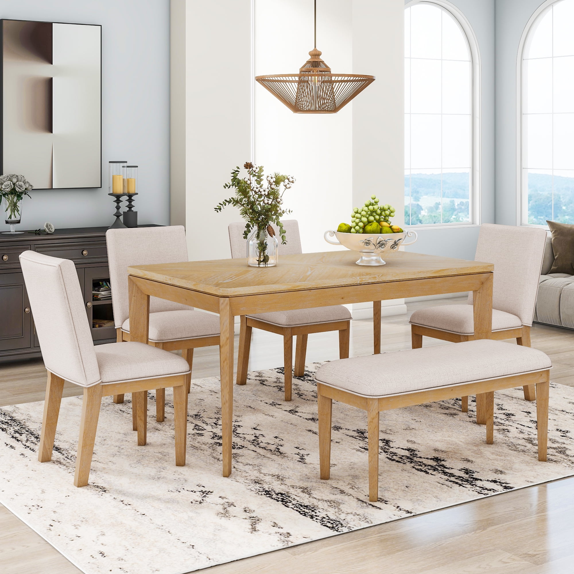 EUROCO Farmhouse 6PCS Dining Table Set,60" Dining Set with Rubberwood ...
