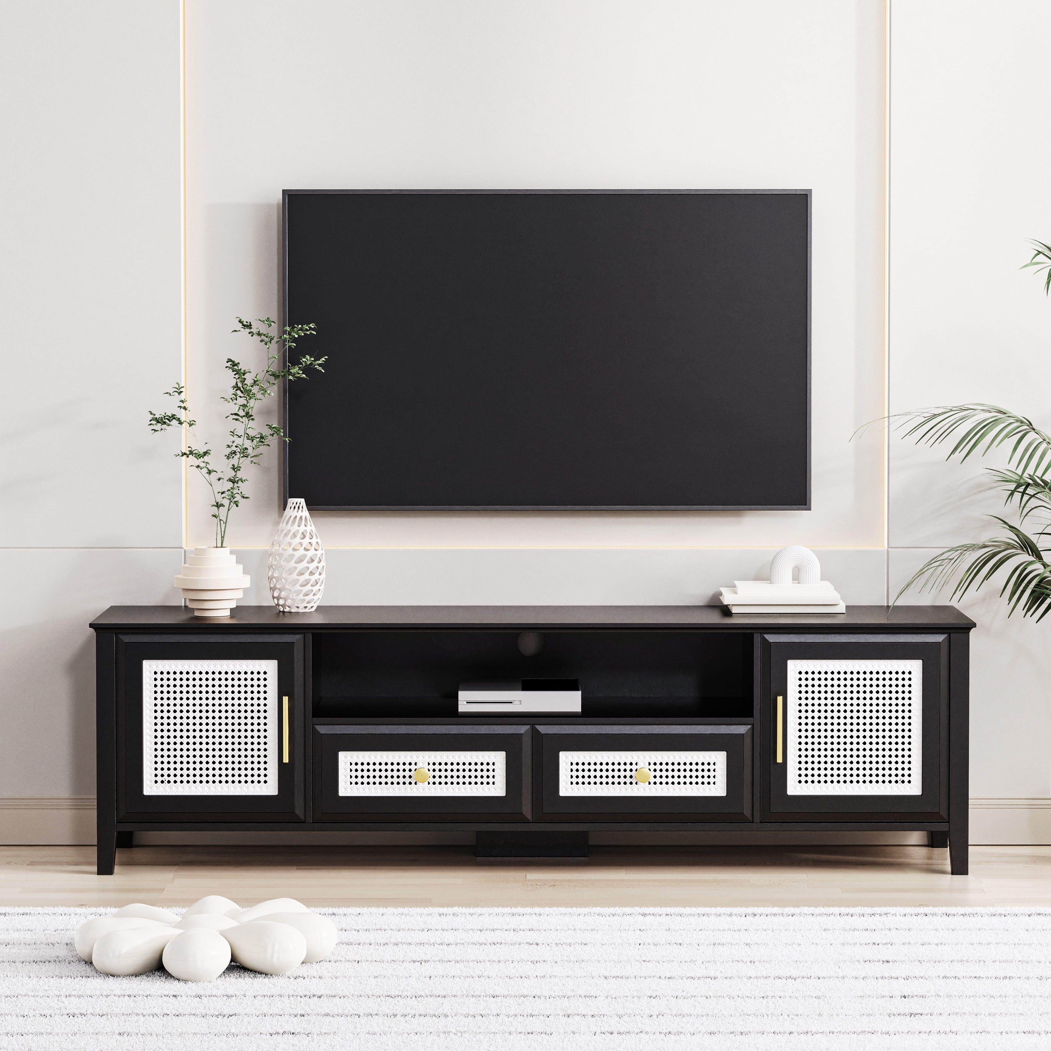 Anmytek Farmhouse Rattan TV Stand for 65 Inch TV Rustic TV Console Table  with 2 Rattan Doors Modern Entertainment Center for Living Room Bedroom  H0033