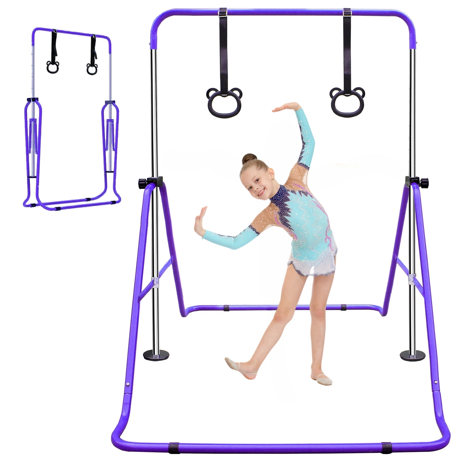 EUROCO Folding Gymnastics Bars for Kids, Height Adjustable Junior Training Bar, Horizontal Training Bars with Bear Rings