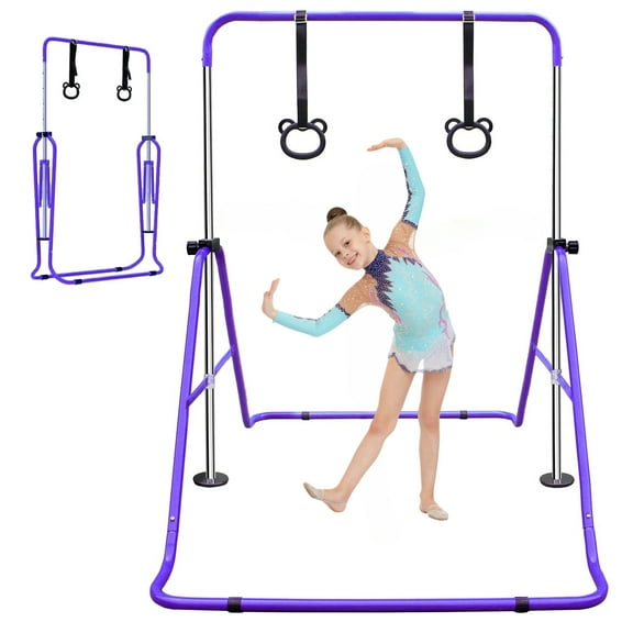 EUROCO Folding Gymnastics Bars for Kids, Height Adjustable Junior Training Bar, Horizontal Training Bars with Bear Rings