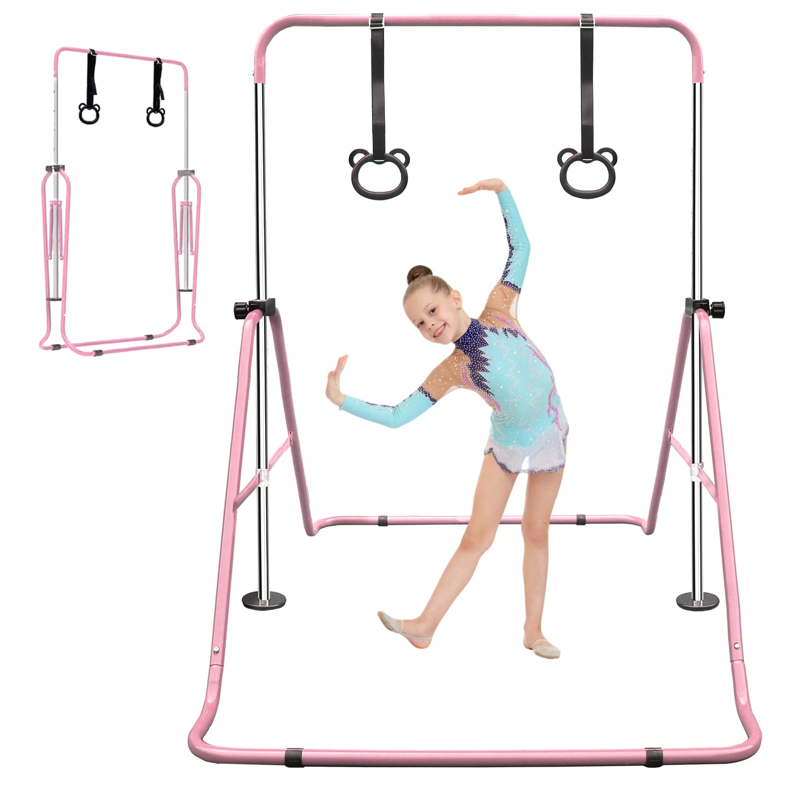EUROCO Folding Gymnastics Bars for Kids, Height Adjustable Junior Training Bar, Horizontal Training Bars with Bear Rings