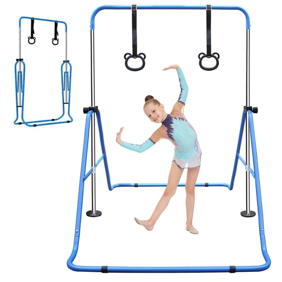 EUROCO Folding Gymnastics Bars for Kids, Height Adjustable Junior Training Bar, Horizontal Training Bars with Bear Rings