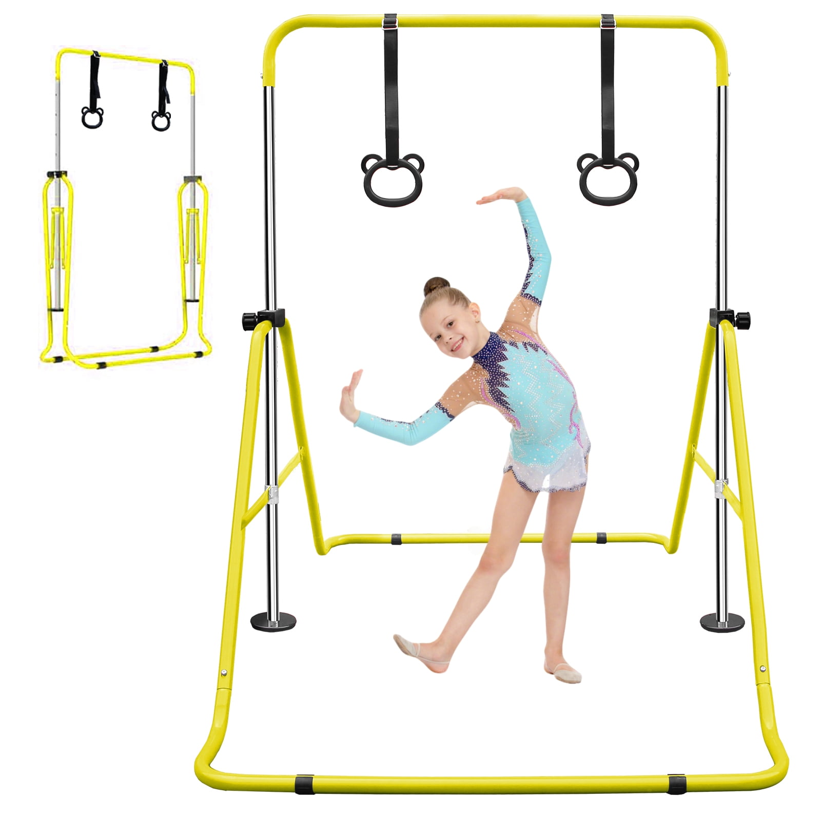 EUROCO Folding Gymnastics Bars for Kids, Height Adjustable Junior Training Bar, Horizontal Training Bars with Bear Rings