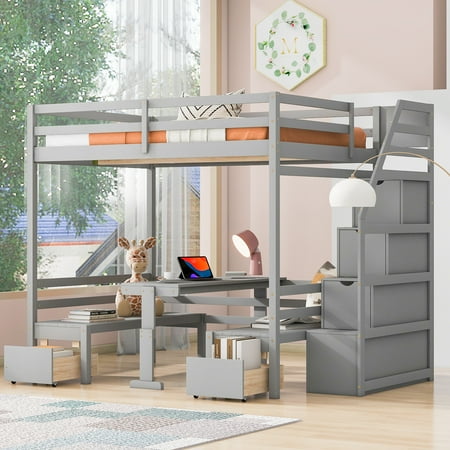 EUROCO Full Size Bunk Bed with Convertible Down Bed and Storage Staircase, Gray