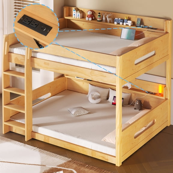 Euroco Wood Queen over Queen Bunk Bed with Storage Shelves and USB Ports, Natural
