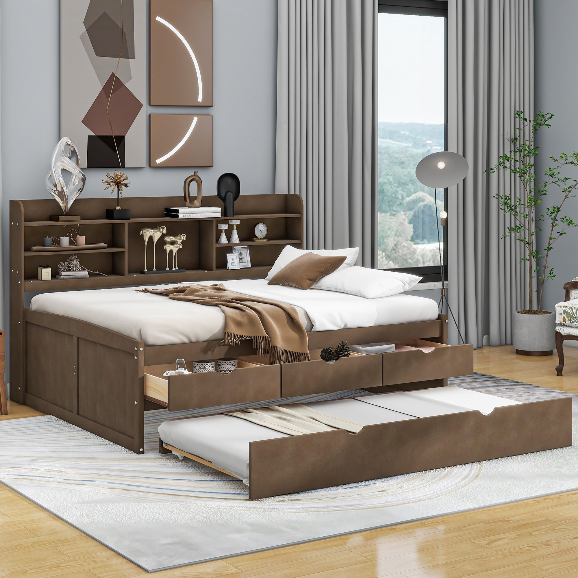 EUROCO Full Size Captain Bed, Daybed with Trundle and Bookcase, 3