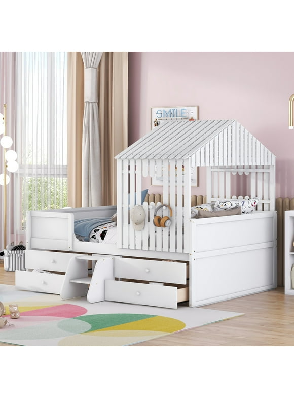 EUROCO Full Size House Low Loft Bed with Roof and Drawers, White