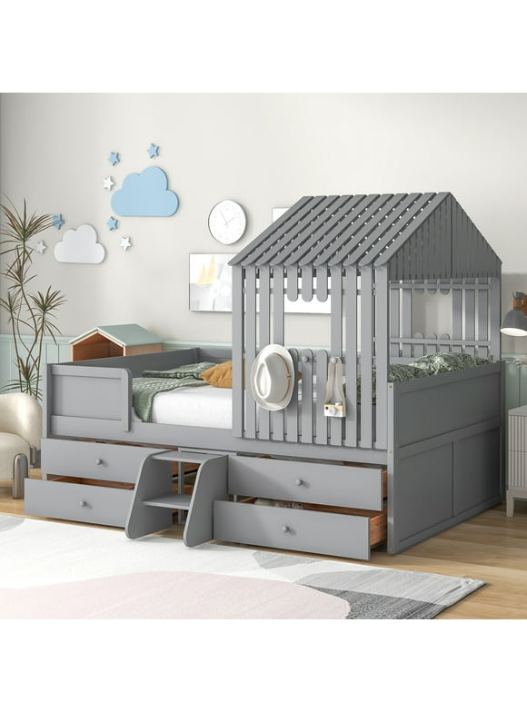 EUROCO Full Size House Low Loft Bed with Roof and Drawers for Kids, Gray