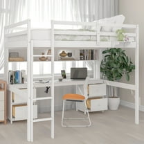 EUROCO Full Size Loft Bed with Desk, Drawers, Shelf and USB Charging Station for Kids Teens Room, White