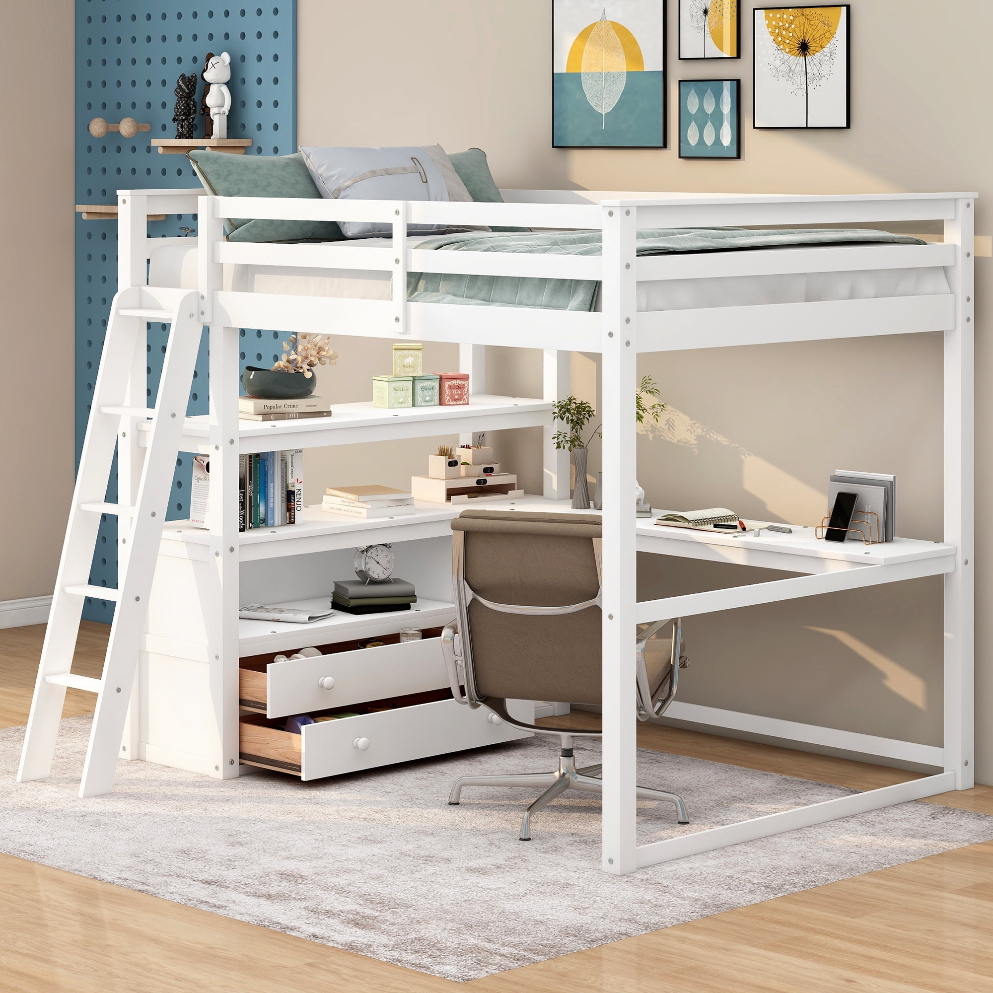 EUROCO Twin/Full Size Loft Bed Frame with Desk, Shelf, and Drawers for ...