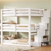 Euroco Full Size Triple Bunk Bed with Storage Staircase, 3 Beds in One, White