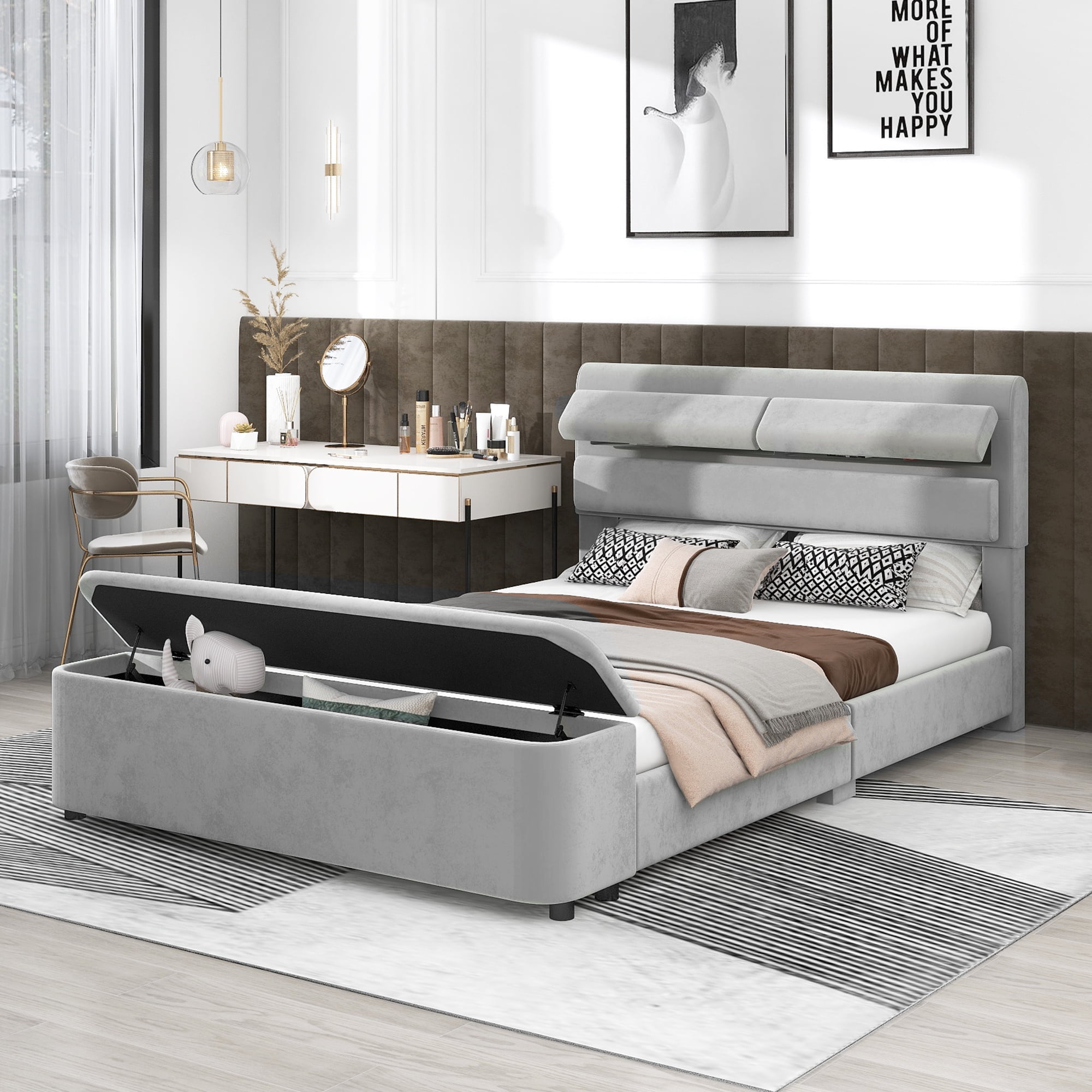 EUROCO Full Size Upholstery Platform Bed with Storage Headboard and