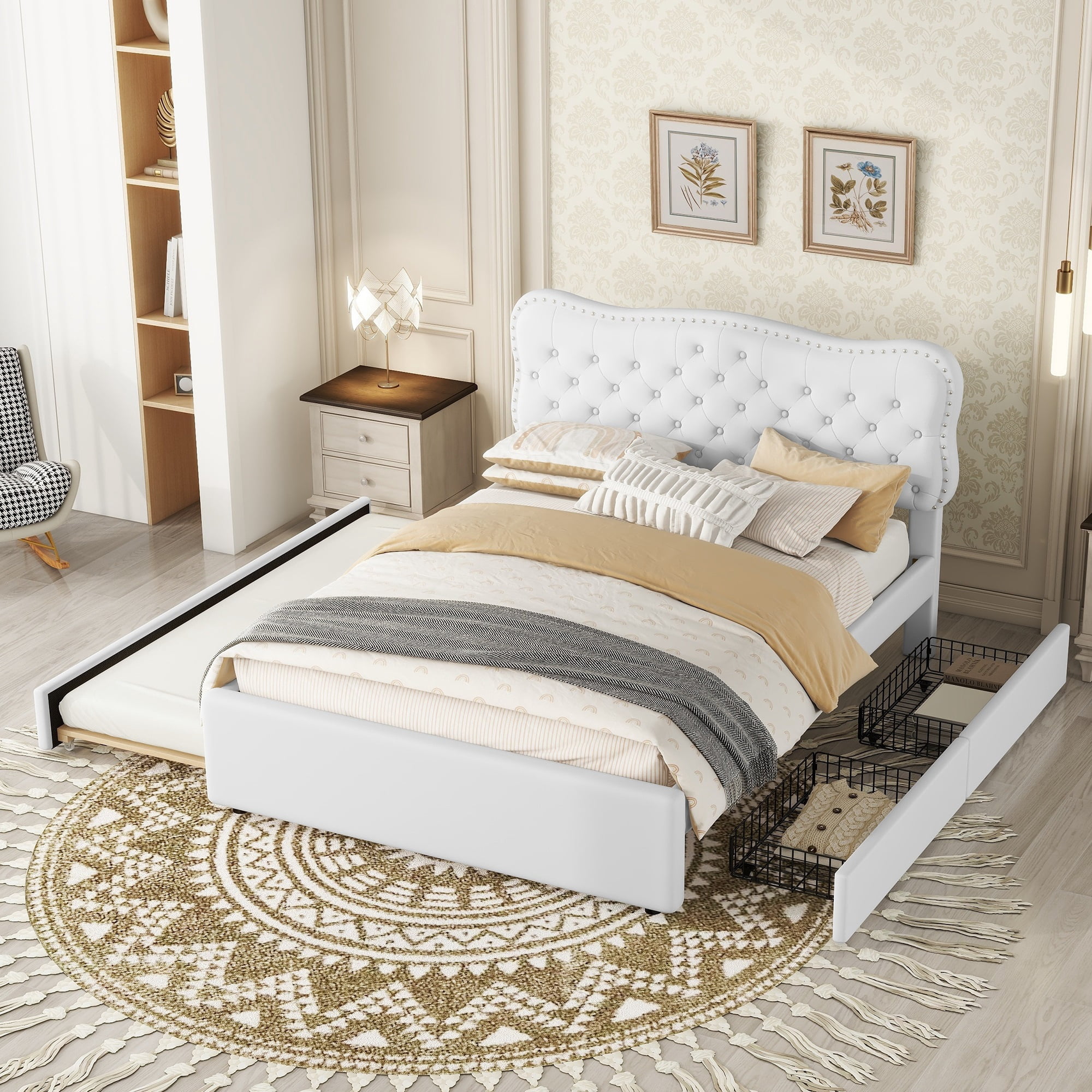EUROCO Full Size Upholstery Platform Bed with Storage Trundle and Two ...