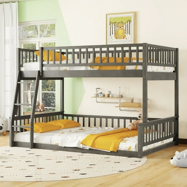 EUROCO Full XL over Queen Size Bunk Bed, 2-in-1 Wood Bed,  Seperate into 2 Single Beds for Kids and Adults, Gray
