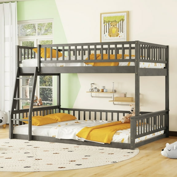 EUROCO Full XL over Queen Size Bunk Bed, 2-in-1 Wood Bed, Seperate into 2 Single Beds for Kids Teens and Adults, Gray