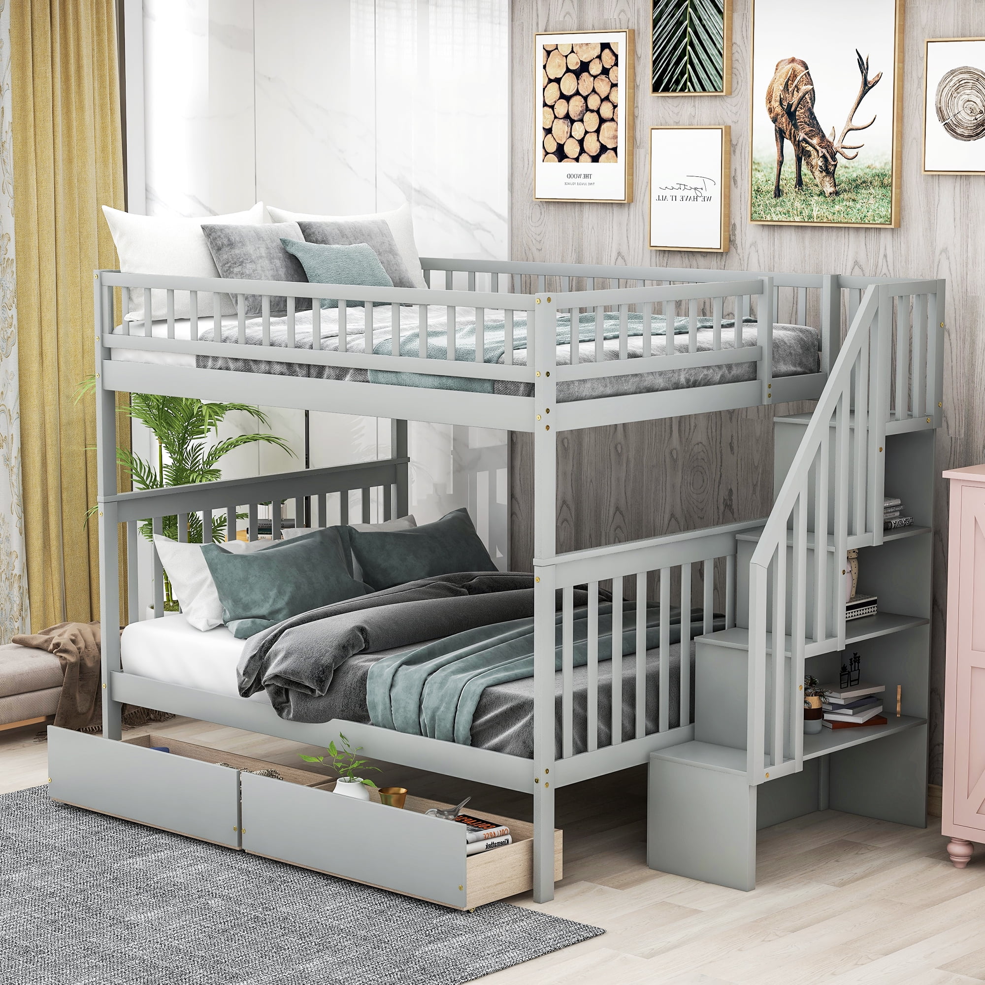 EUROCO Full over Full Bunk Bed with 2 Drawers and Storage Shelves for