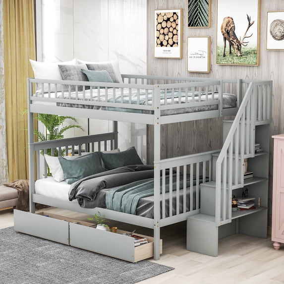 EUROCO Full over Full Bunk Bed with 2 Drawers and Storage Shelves for Kids, Wood Bunk Beds with Storage for Kids Teens Adults, Gray