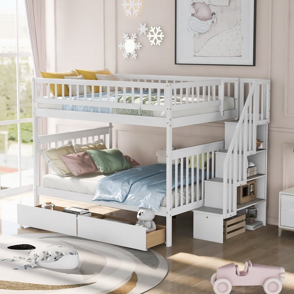 EUROCO Full over Full Bunk Bed with 2 Drawers and Storage Shelves for Kids, Wood Bunk Beds with Storage for Kids Teens Adults, White