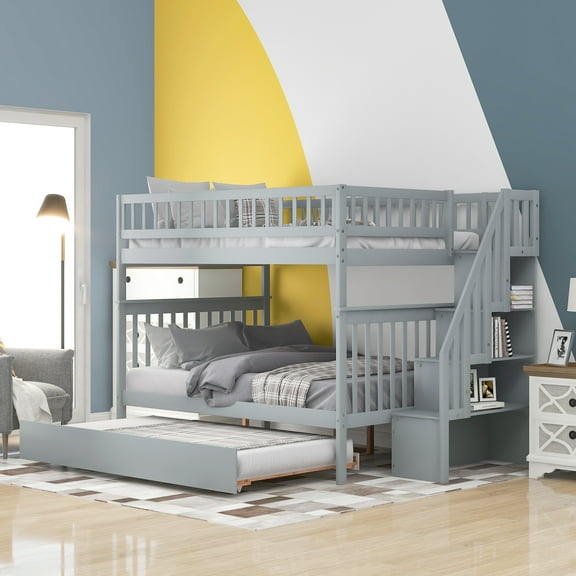 EUROCO Full over Full Bunk Bed with Twin Trundle Bed and Storage Shelves for Kids, Three Beds with Storage for Kids Teens Adults, Gray