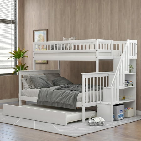 EUROCO Twin over Full Bunk Bed with Twin Trundle Bed and Storage Shelves for Kids, Three Beds with Storage for Kids Teens Adults, White