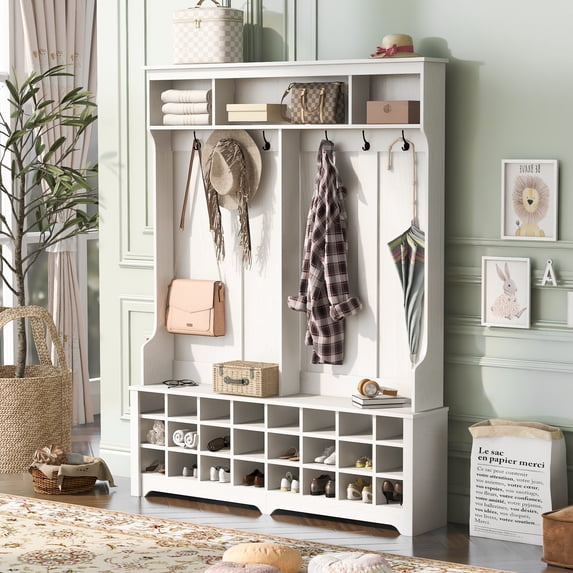 EUROCO Hall Tree with Bench and Shoe Storage,Hallway Coat Rack with Metal Black Hooks,60" W Entryway Bench Hall Tree with Ample Storage Space for Entryway Living Room Hallway, White